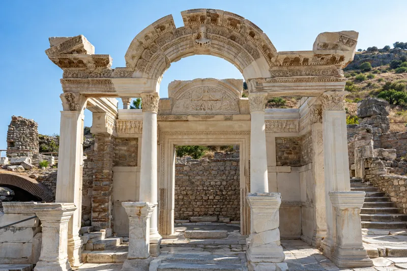 The carved arch and Medusa relief of the Temple of Hadrian on Curetes Street, Ephesus