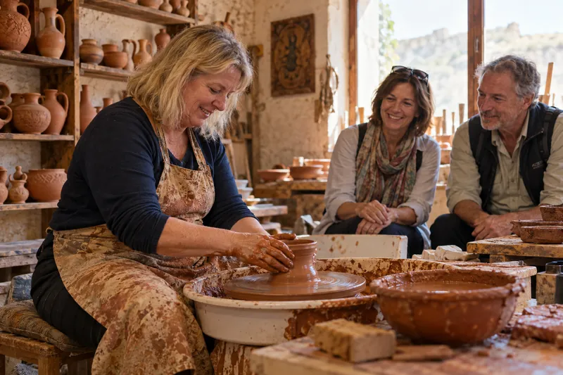 A traveler shaping red clay on the potter's wheel in an Avanos workshop, Cappadocia