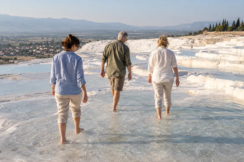 Travelers walking barefoot through the warm shallow pools on the Pamukkale travertines