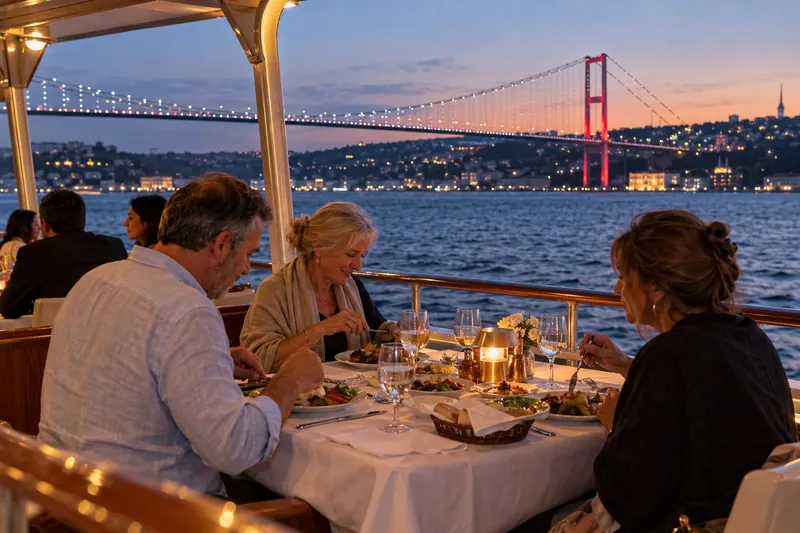 Travelers having dinner on a Bosphorus cruise at dusk with the lit Bosphorus Bridge behind
