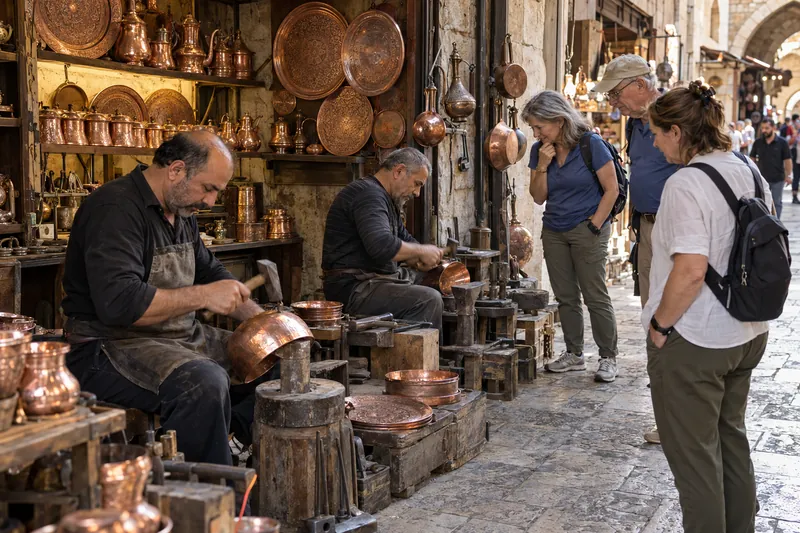 Travelers watching coppersmiths hammer copper in the bazaar of Sanliurfa