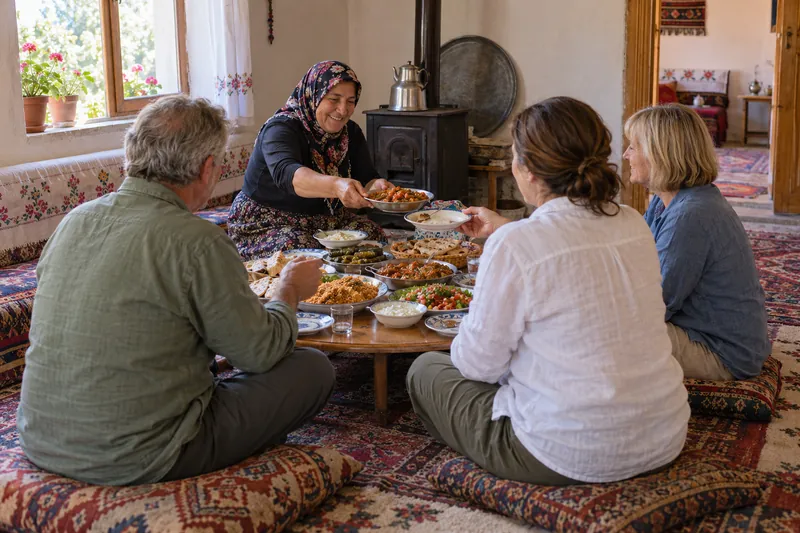 Travelers at a home-hosted lunch in an Anatolian village, the host serving dishes on a low table