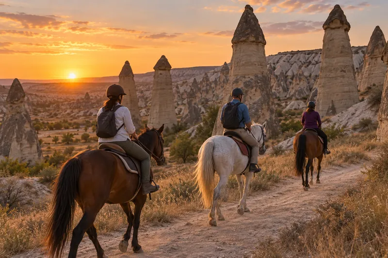 Travelers on a horseback ride through Love Valley in Cappadocia at sunset