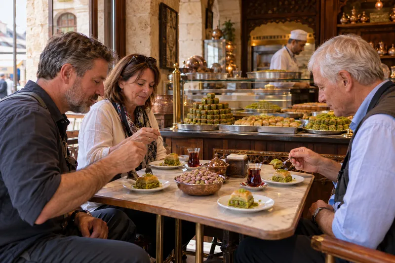 Travelers trying pistachio baklava in Gaziantep