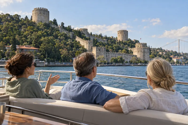 Travelers on a private boat on the Bosphorus passing Rumeli Fortress