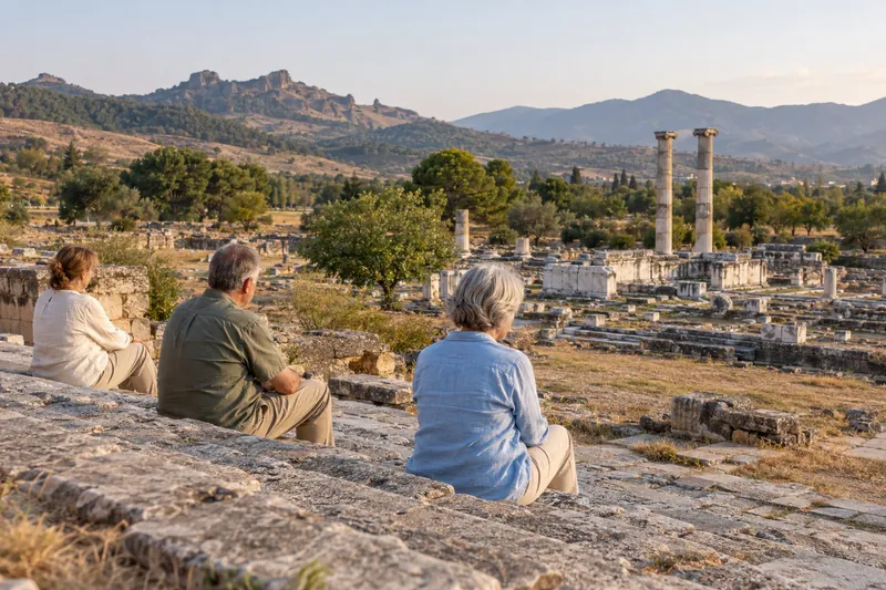 Travelers sitting quietly on ancient steps at Sardis, the columns of the Temple of Artemis beyond