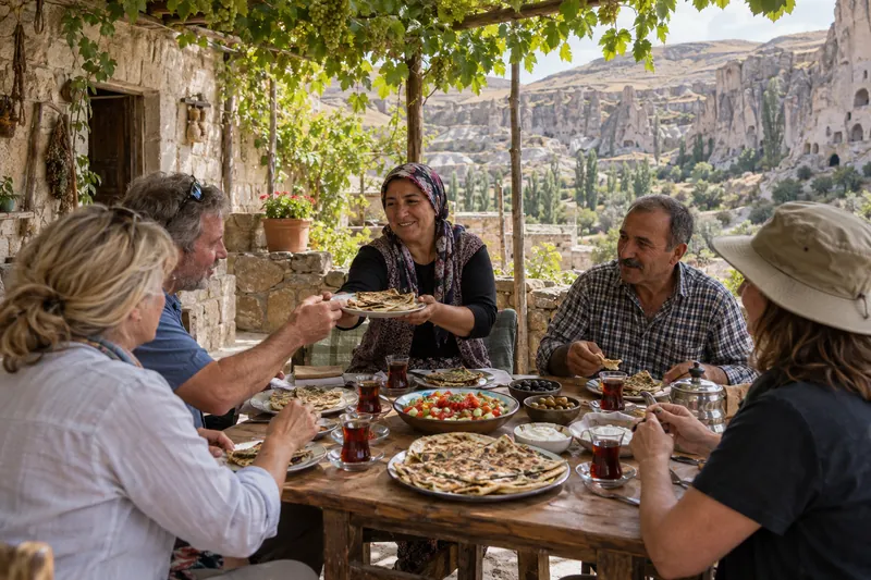 Travelers sharing a gozleme lunch with a local family in a Cappadocian village