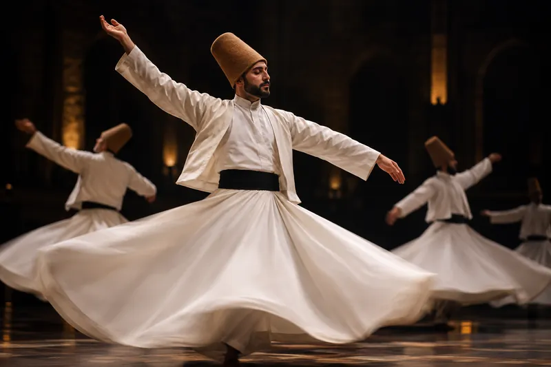Whirling dervishes in white robes turning during a Sema ceremony
